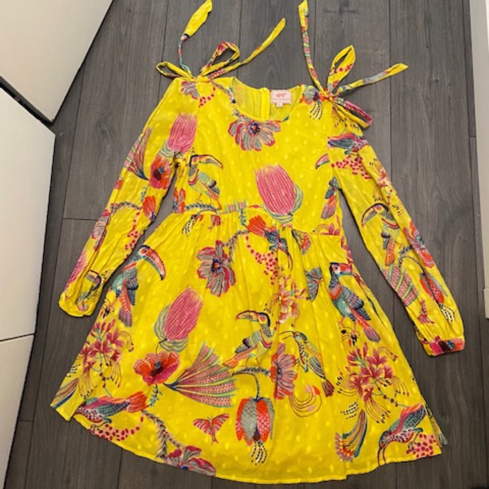 Banjanan Buttercup Birdie Long Sleeve Yellow Flowy Dress Size L